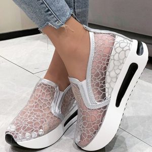 Abstract Breathable Mesh Hidden Wedge Muffin Slip On Sneakers, Sneakers, color:Silver|size:42, JustFashionNow