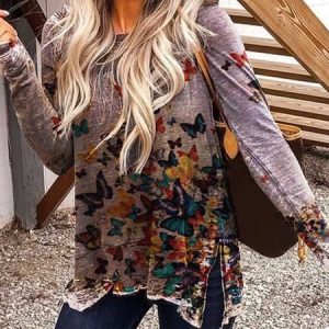 Gray Cotton-Blend Long Sleeve V Neck Tunic Sweatshirt, Tops, color:Gray|size:3XL, Noracora