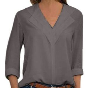 JFN V Neck Solid Color Casual Long Sleeve Blouse, Shirts & Blouses, color:Gray|size:XXL, JustFashionNow