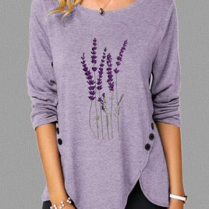Purple Long Sleeve Crew Neck T-shirt, Shirts & Blouses, color:Purple|size:XXL, JustFashionNow