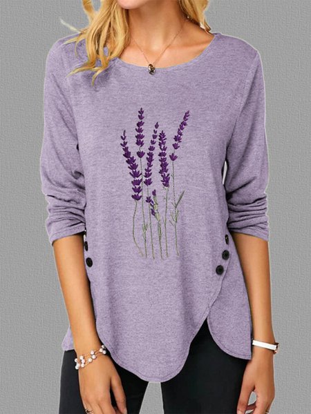 Purple Long Sleeve Crew Neck T-shirt, Shirts & Blouses, color:Purple|size:XXL, JustFashionNow