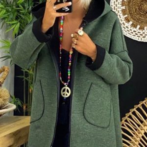Green Plain Long Sleeve Pockets Hoodie Jacket, Coats, color:Green|size:XXL, JustFashionNow