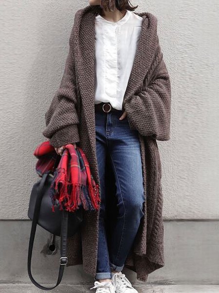 Brown Long Sleeve Casual Knit Sweater Cardigan Sweater coat, Sweaters, color:Brown|size:XXL, JustFashionNow