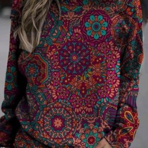 Printed Long Sleeve Crew Neck Tops, Hoodies & Sweatshirts, color:Multicolor|size:3XL, Noracora