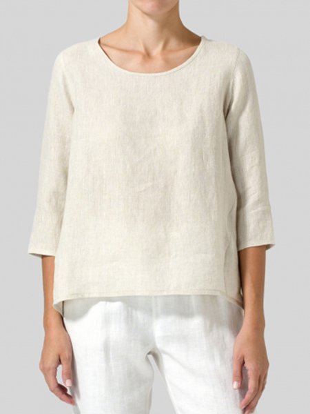 Women Paneled Casual Solid 3/4 Sleeve Blouses, T-Shirts, color:Beige|size:5XL, JustFashionNow