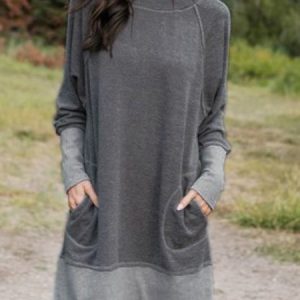 Cotton-Blend Long Sleeve Casual Knitting Tunic Dress, Short, color:Deep Gray|size:4XL, Noracora