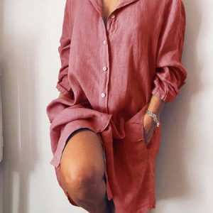 Pockets Buttoned Solid V Neck Shift Daily Cotton-Blend Weaving Dress, Basic Dresses, color:Red|size:XXL, JustFashionNow