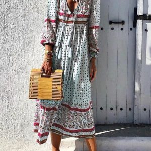 V-Neck Women Dress Daytime Boho Paneled Dress, Casual Dresses, color:Red|size:5XL, JustFashionNow