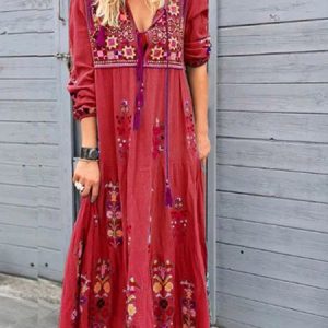 Women Casual Patchwork Cotton-Blend V Neck Maxi Dresses, Casual Dresses, color:Red|size:XXL, JustFashionNow