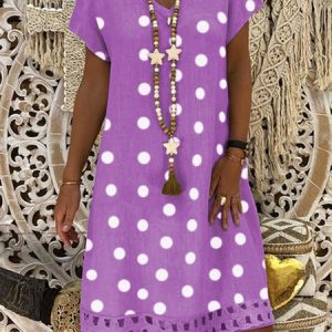 Polka Dots Hollow Out Hem V Neck Short Sleeve Vacation Mini Dress, Midi Dresses, Roselinlin - Online Catalog