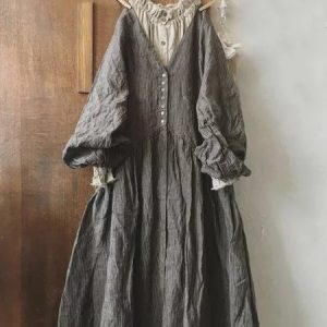 Vintage Striped Long Sleeve V Neck Casual Dress, Short, color:Deep Gray|size:4XL, Noracora