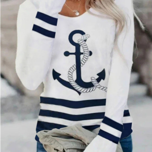 JFN Crew Neck Anchor Sea Cartoon Casual Autumn Daily Long sleeve T-shirt, T-Shirts, color:White|size:XXL, JustFashionNow