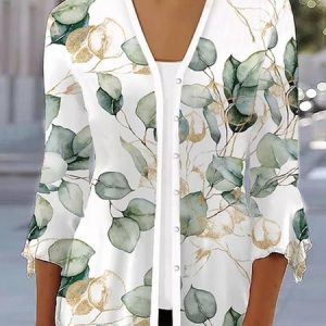 Leaf Buttoned Casual Mock Two-Piece Shirt, Shirts & Blouses, color:Green|size:XXL, JustFashionNow