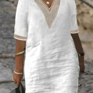 Plus Size Casual Cotton Lace Plain Dress, Dresses, color:White|size:4X, JustFashionNow