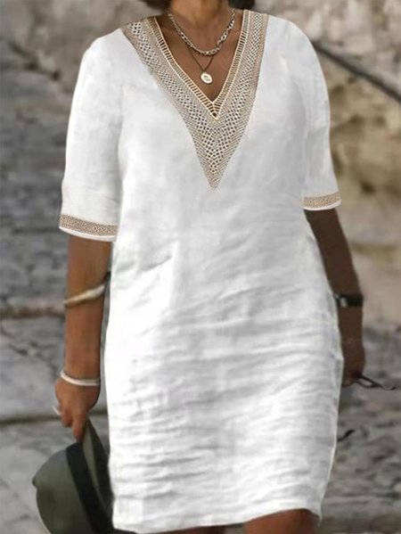 Plus Size Casual Cotton Lace Plain Dress, Dresses, color:White|size:4X, JustFashionNow