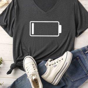 Women's Funny No Power Matching V Neck T-Shirt, color:Gray|size:XXL, Lilicloth.com