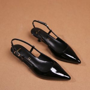 Black Patent Leather Urban Design Mid Heel Back Empty Shoes, Flats, color:Black|size:41, Stylewe