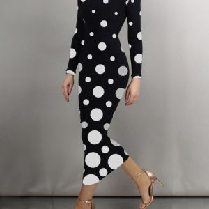 Tight Elegant Polka Dots Long Sleeve Maxi Dress, Maxi Dresses, color:Black-white|size:XS, Stylewe