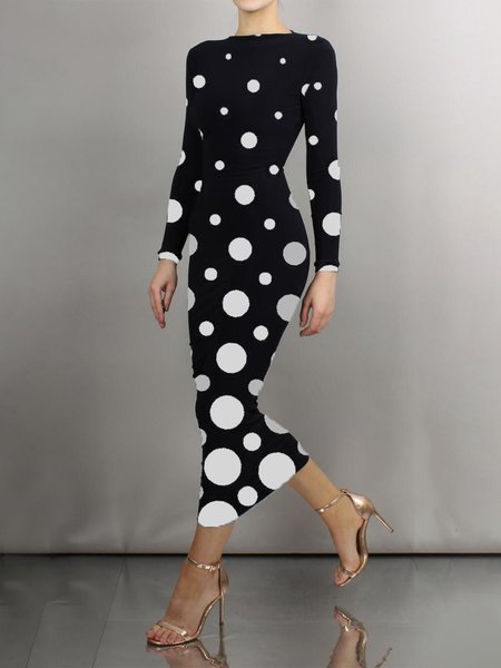 Tight Elegant Polka Dots Long Sleeve Maxi Dress, Maxi Dresses, color:Black-white|size:XS, Stylewe