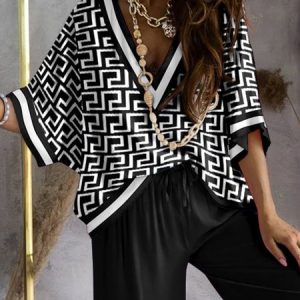 Casual Loose Geometric Blouse, Blouses and Shirts, color:Black-white|size:XXL, Stylewe