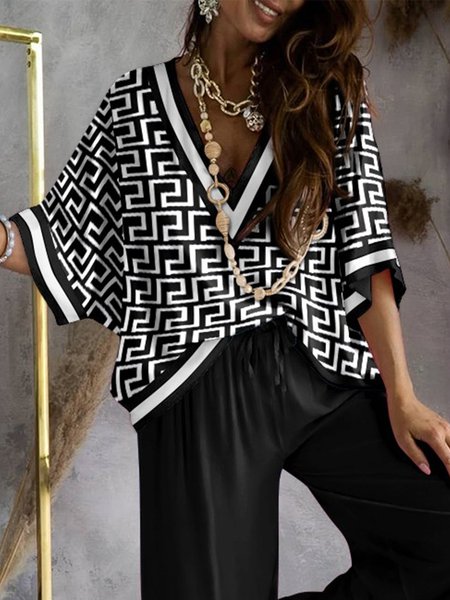 Casual Loose Geometric Blouse, Blouses and Shirts, color:Black-white|size:XXL, Stylewe