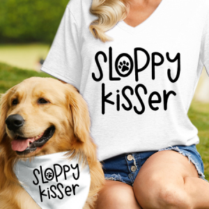 Women's Sloppy kisser V Neck Casual Matching Dog Print T-Shirt T-Shirt, color:White|size:3XL, Lilicloth.com