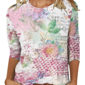 Casual Floral Crew Neck Three Quarter Sleeve T-shirt, T-shirts, color:Pink|size:XXL, Noracora