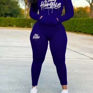 Women Text Letters Hoodie Long Sleeve Comfy Casual Top With Pants Two-Piece Set, Sets, color:Blue|size:XXL, Noracora