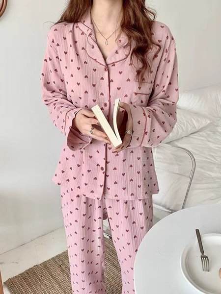 Cotton-Blend Shawl Collar Casual Loose Regular Sleeve Lounge Set, Loungewear & Sleepwear, color:Pink|size:XXL, JustFashionNow