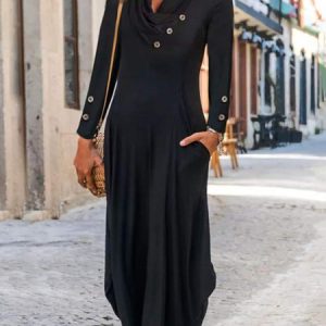 Plain Casual V Neck Dress, Dresses, color:Black|size:XXL, JustFashionNow