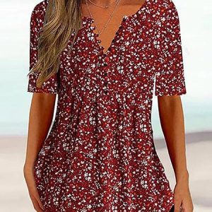 Casual Floral Regular Fit V Neck T-Shirt, T-Shirts, color:Wine Red|size:3XL, JustFashionNow