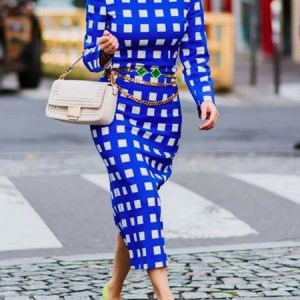 Elegant Regular Fit Stand Collar Plaid Dress, Maxi Dresses, color:Blue|size:XXL, Stylewe