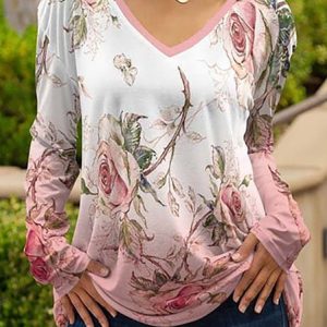 Casual Regular Fit V Neck Floral T-Shirt, T-Shirts, color:Pink|size:XXL, JustFashionNow