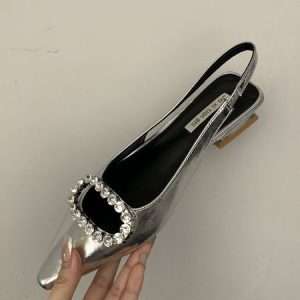 Rhinestone Buckle Y2K Pointe Back Empty Shoes, Heels, color:Silver|size:39, Stylewe