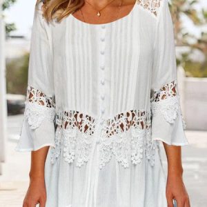 Crew Neck Plain Regular Fit Casual Blouse, Shirts & Blouses, color:White|size:XXL, JustFashionNow