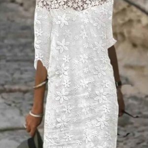 Lace Casual Plain Three Quarter Sleeve Crew Neck Dress, Short, color:White|size:XXL, catalog Noracora shop