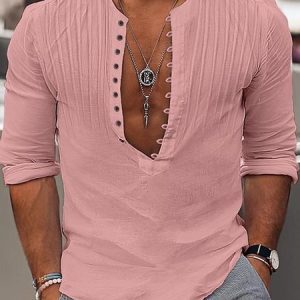 Cotton And Linen Plain Regular Fit Shirt, Shirts ＆ Blouse, color:Pink|size:3XL, JustFashionNow