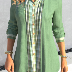 Loose Shirt Collar Casual Plaid Blouse, Shirts & Blouses, color:Green|size:XXL, JustFashionNow