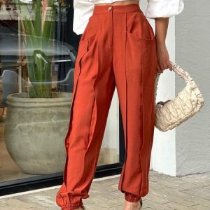 Daily Simple Regular fit Solid Pants, Cropped Pants, color:Orange Red|size:XXL, Stylewe