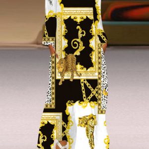 Casual Floral V Neck Regular Fit Dress With No, Dresses, color:black-gold|size:3XL, JustFashionNow
