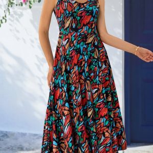 Geometric Vacation Loose V Neck Dress, Dresses, color:Multicolor|size:XXL, JustFashionNow
