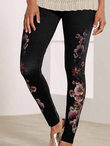 JFN Floral Printed Casual Leggings, Leggings, color:Black|size:XXL, JustFashionNow