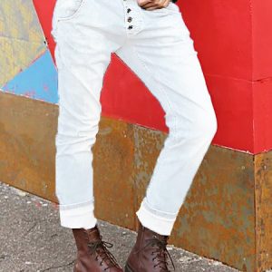Button Down Pockets Denim Pants Jeans, Denim&Jeans, color:White|size:5XL, Noracora