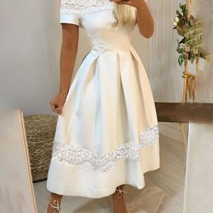 Plain Elegant Stand Collar Regular Fit Midi Dress, Midi Dresses, color:White|size:XXL, Stylewe