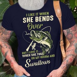 Men's I Like It When She Bends Over But I Love It When She Tugs On My Worm And Swallows Funny Graphic Printing Cotton Text Letters Casual T-Shirt, T-shirts, Lilicloth.com