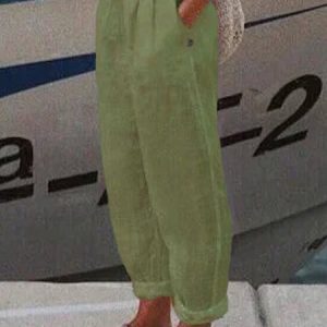 Women's Loose Casual Baggy Linen & Cotton Pant, Pants, color:Green|size:XS, JustFashionNow