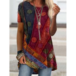 Round Neck Retro Print Casual Short-sleeved T-shirt, women tops, COTOSEN, Apparel Online, Cheap Clothes, Buy Now