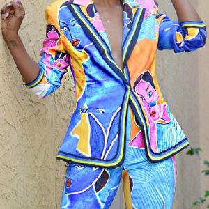 Regular Fit Abstract Lapel Collar Urban Blazer, Blazers, color:Blue|size:XXL, Stylewe