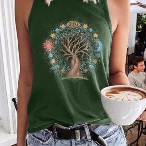 Tree Sun And Moon With Stars Graphic Tank Top, color:Dark Green|size:3XL, Lilicloth.com