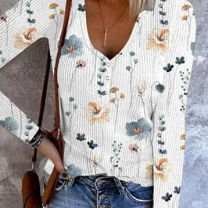 Casual V Neck Floral T-Shirt, T-Shirts, color:White|size:XXL, JustFashionNow